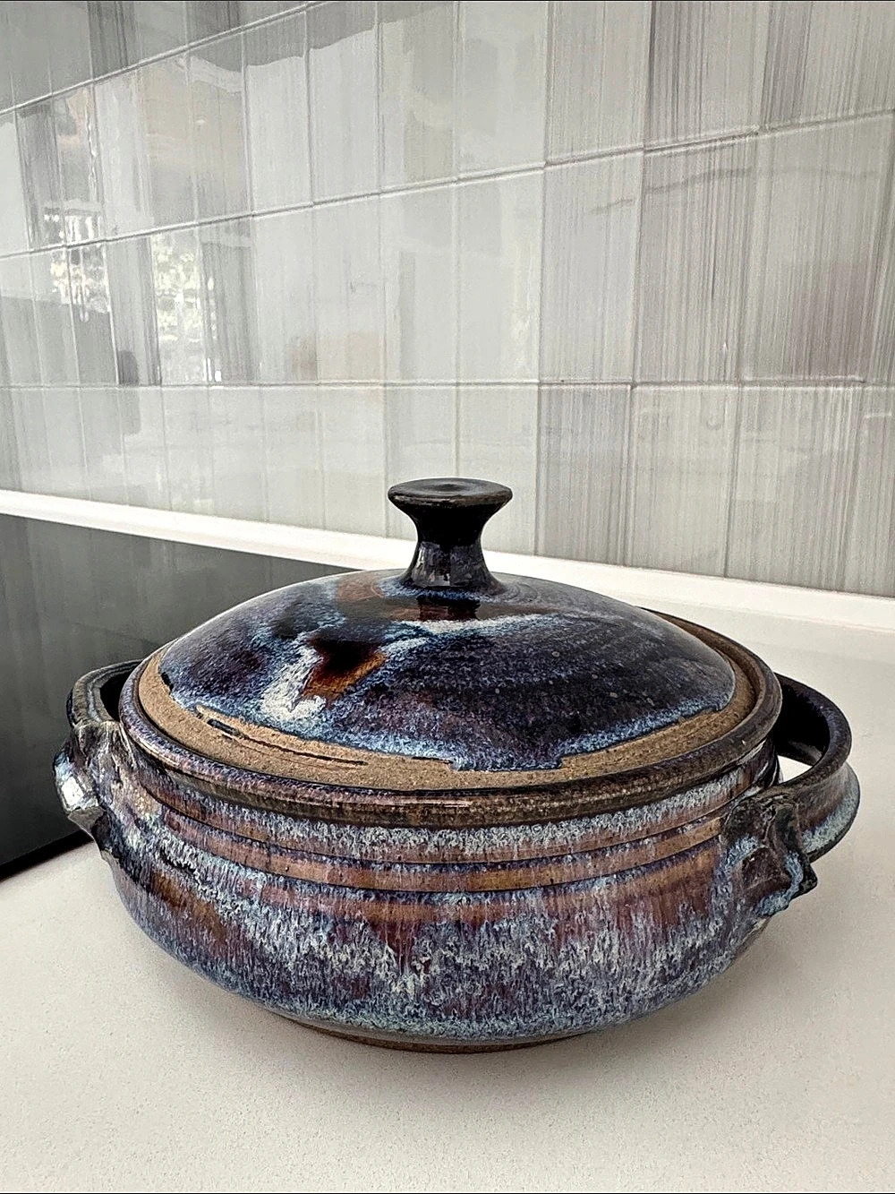 Glazed Ceramic Covered Casserole Dish, Blue & Brown